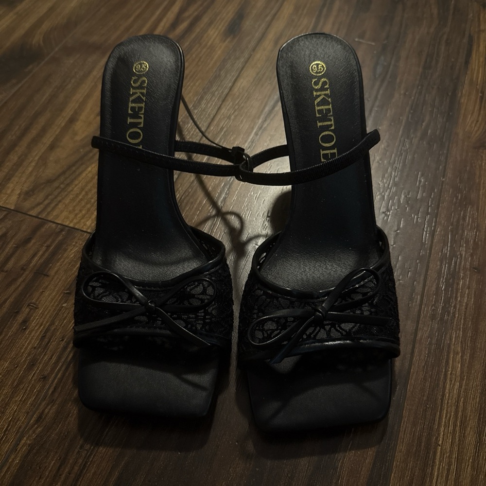 SKETOE Kitten Heels for Women Square Toe Mesh Sandals Bow Knots Heels